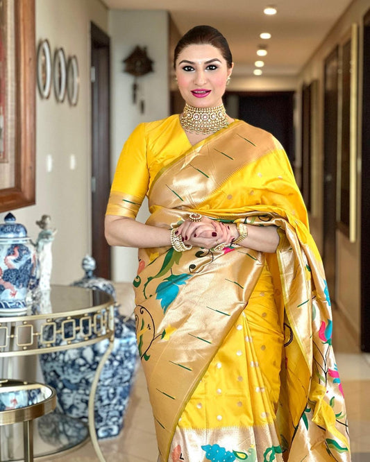 Yellow Banarsi Soft Silk Paithani hand Woven Saree
