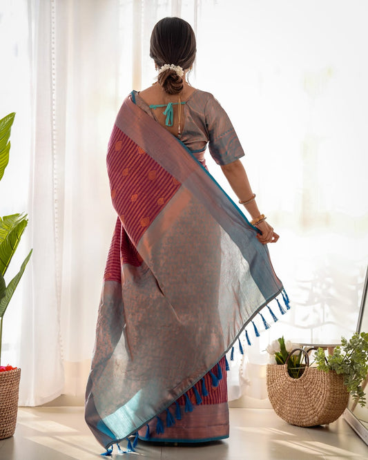 Maroon Kanjiwaram Hand Woven Copper Zari Silk Saree