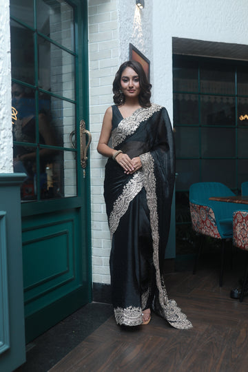 Black Embellished Shimmer Organza Saree