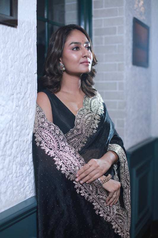 Black Embellished Shimmer Organza Saree