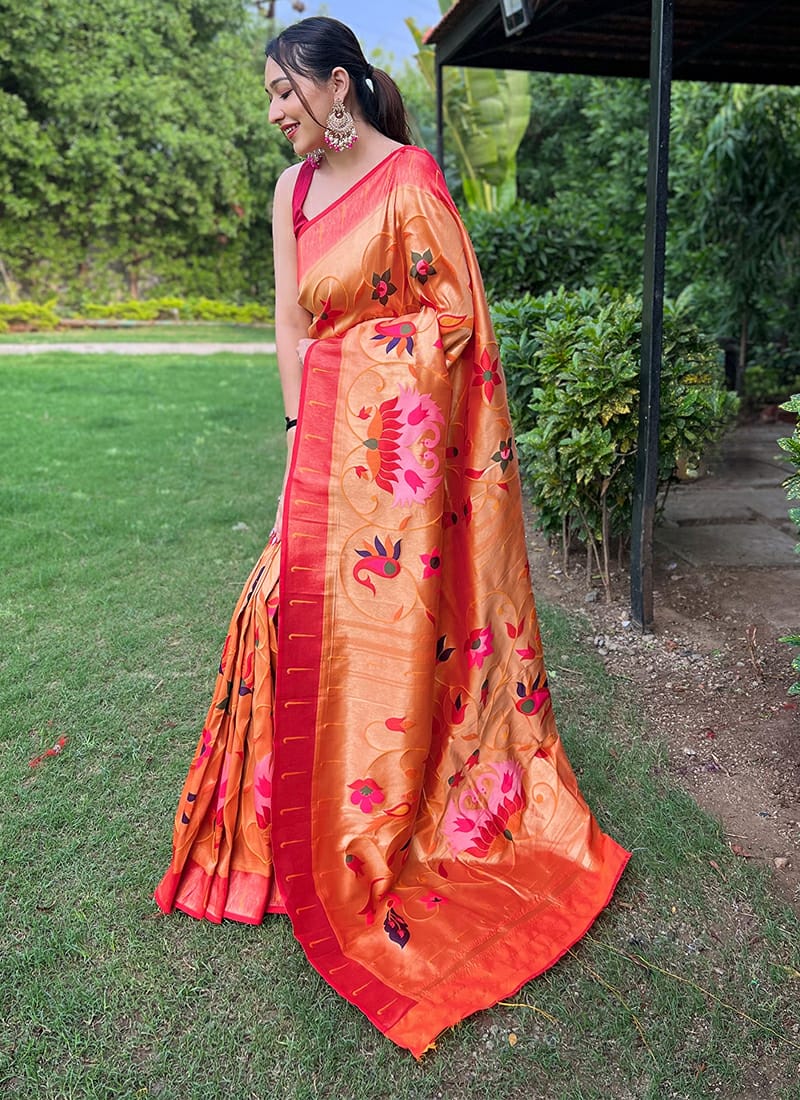 Buy Online Sea Green Striped Kora Kanjivaram Sari with Orange Border – Pure  Elegance