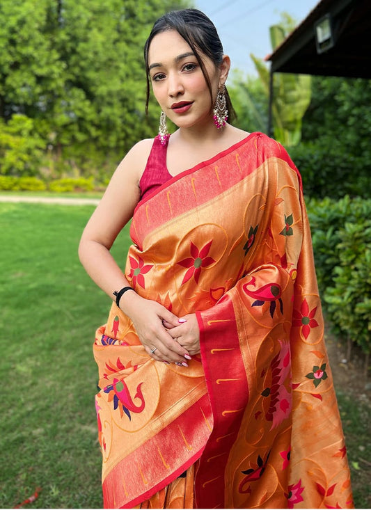 Orange Soft Paithani Silk Hand Woven Saree