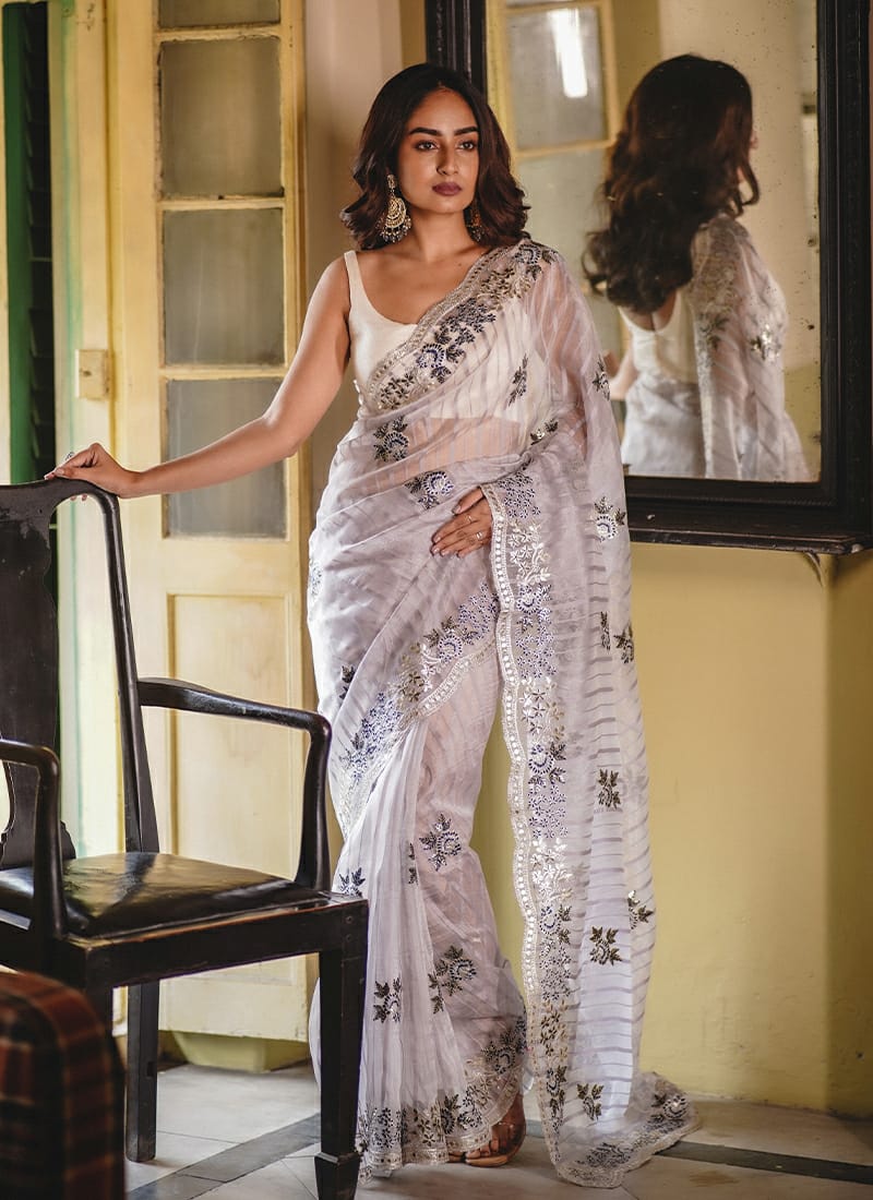 Grey Organza Silk Saree