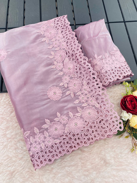 Pink Soft Satin Organza cut work embroidered saree