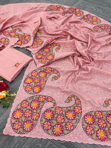 Pink embroidered Gadhwali Silk Saree