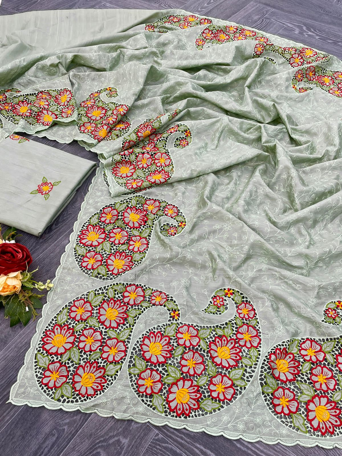 Green embroidered Gadhwali Silk Saree