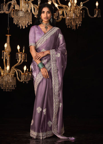 Purple Soft Shimmer Satin Organza embellished Saree