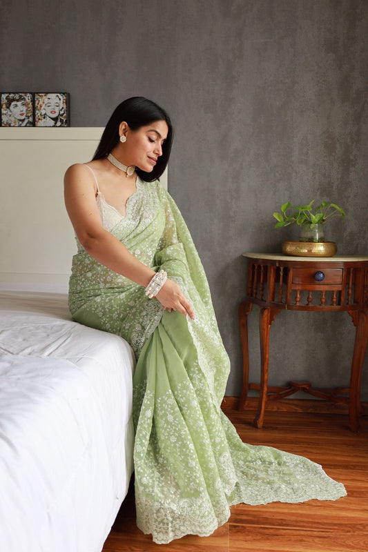 Green Shimmer Georgette Saree