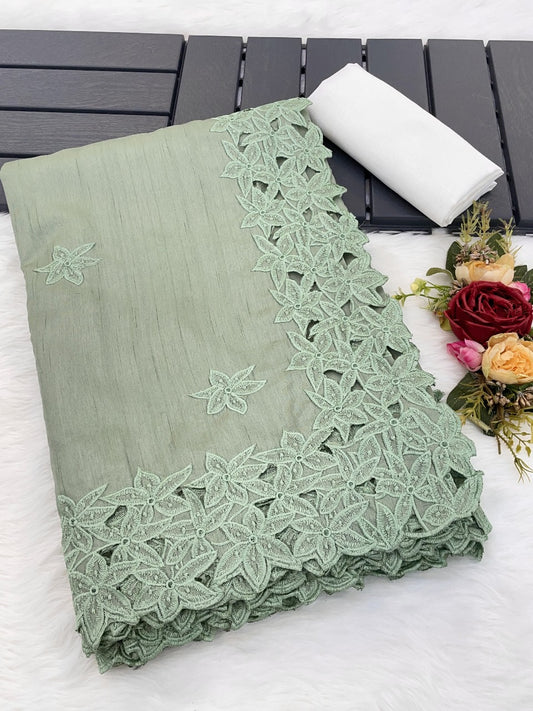 Green cut work embroidered Gadhwali Silk Saree