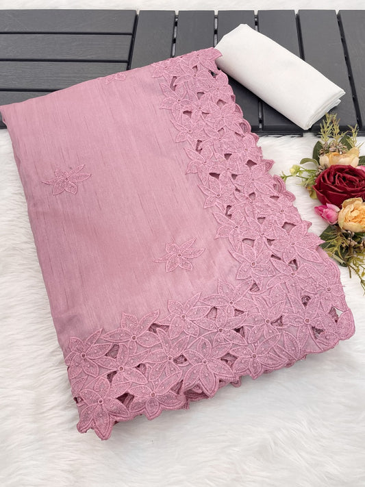 Pink cut work embroidered Gadhwali Silk Saree