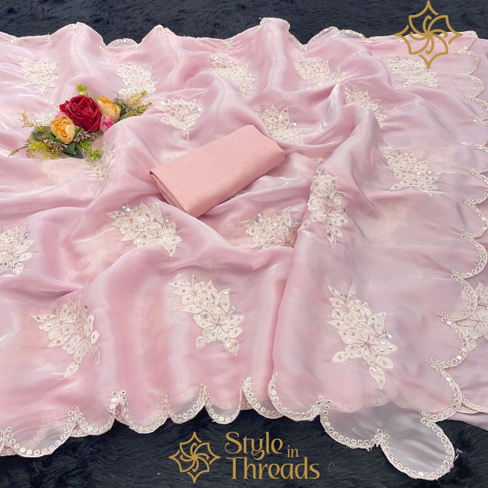 Light Pink Soft Satin Organza Saree