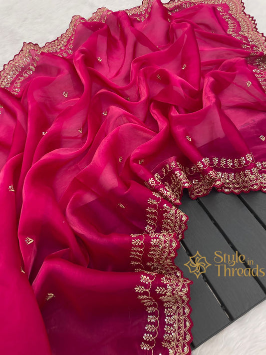 Exquisite Soft Shimmer Satin Organza Silk Saree with stitched blouse