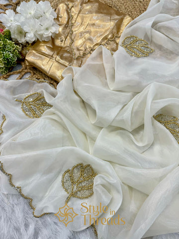 Elite embellished Pearl Gold Soft Satin Shimmer Organza Hand embroidered Saree