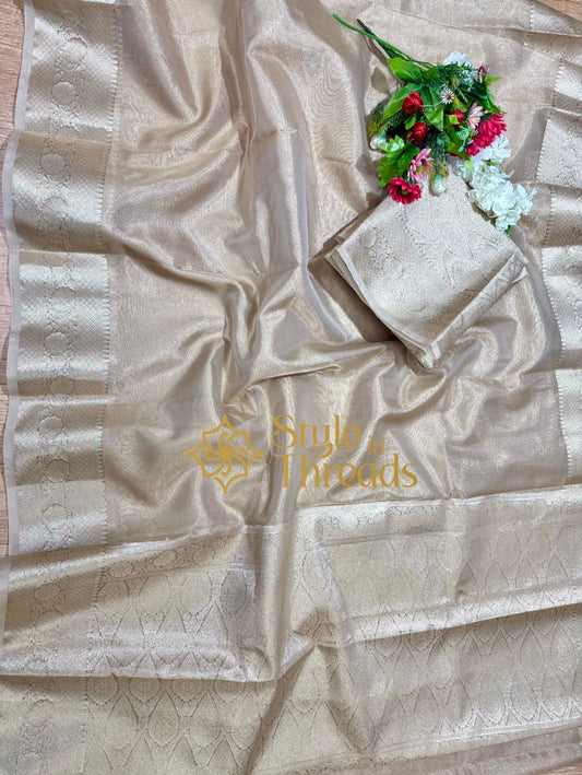 Matte Gold Soneri Tissue Hand crafted Silk Saree