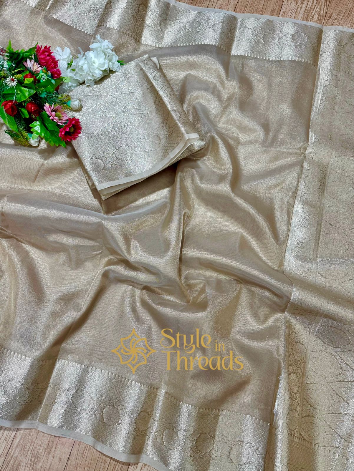 Matte Gold Soneri Tissue Hand crafted Silk Saree