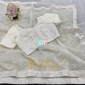 Aesthetic Pearl White Organza Saree