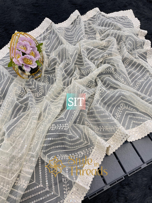 Aesthetic Pearl White Organza Saree