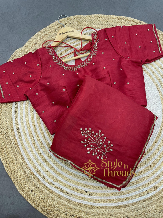 Laal pehnava Soft Satin Organza Silk Hand Crafted Saree