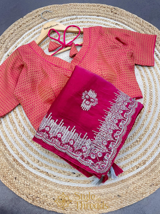 Ruby Pink Soft Satin Organza Silk Saree with hand woven Brocade Blouse