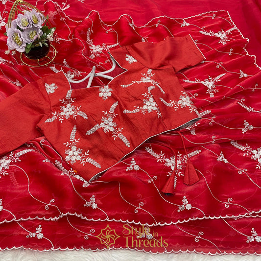 Luscious Red Soft Satin Organza Silk Saree