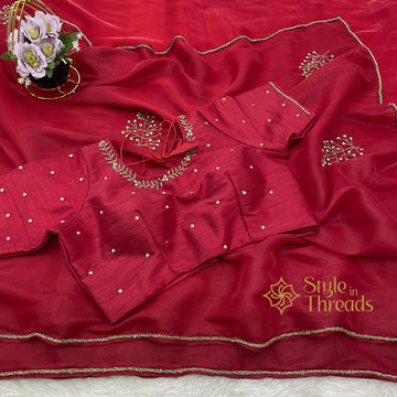 Laal pehnava Soft Satin Organza Silk Hand Crafted Saree