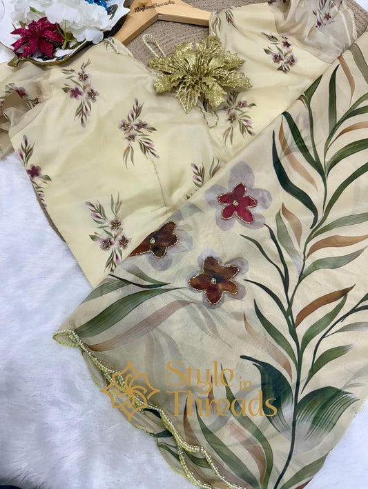 Beige Floral printed and Hand work embroidered Soft Organza Silk Saree