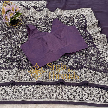 Noor Purple Georgette Chikankari  Saree