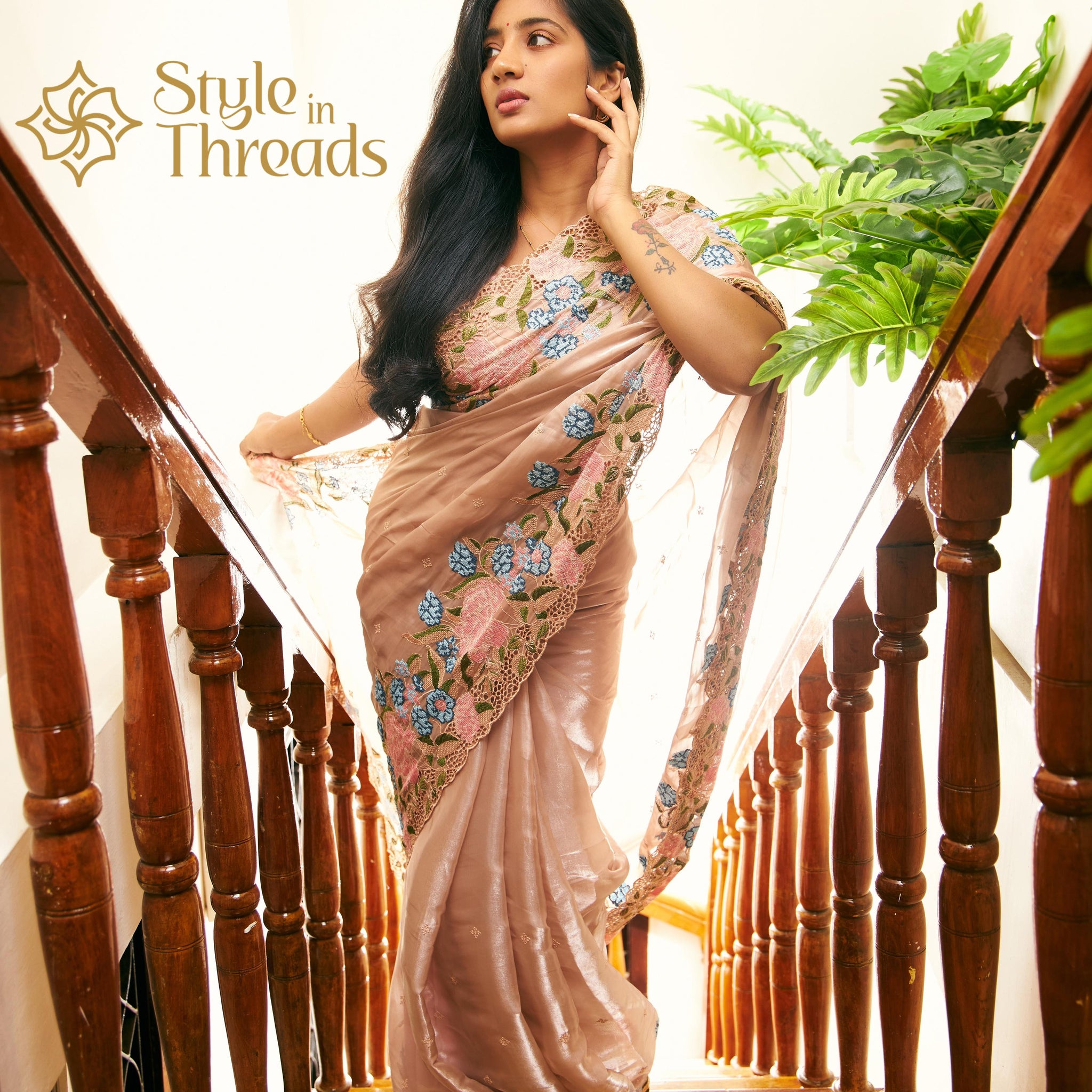 Pushpam Blush Peach Soft Satin Organza Silk Saree