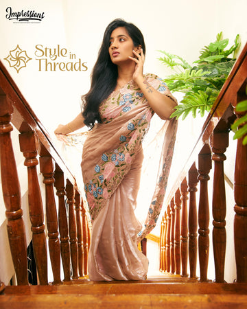 Pushpam Blush Peach Soft Satin Organza Silk Saree