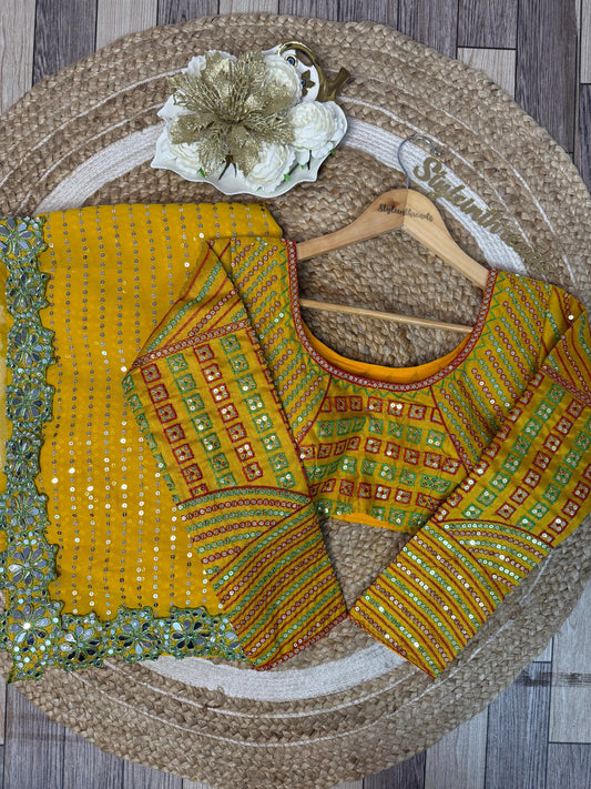 "Aaina" Mirror embedded saree with heavily embroidered fully  stitched blouse