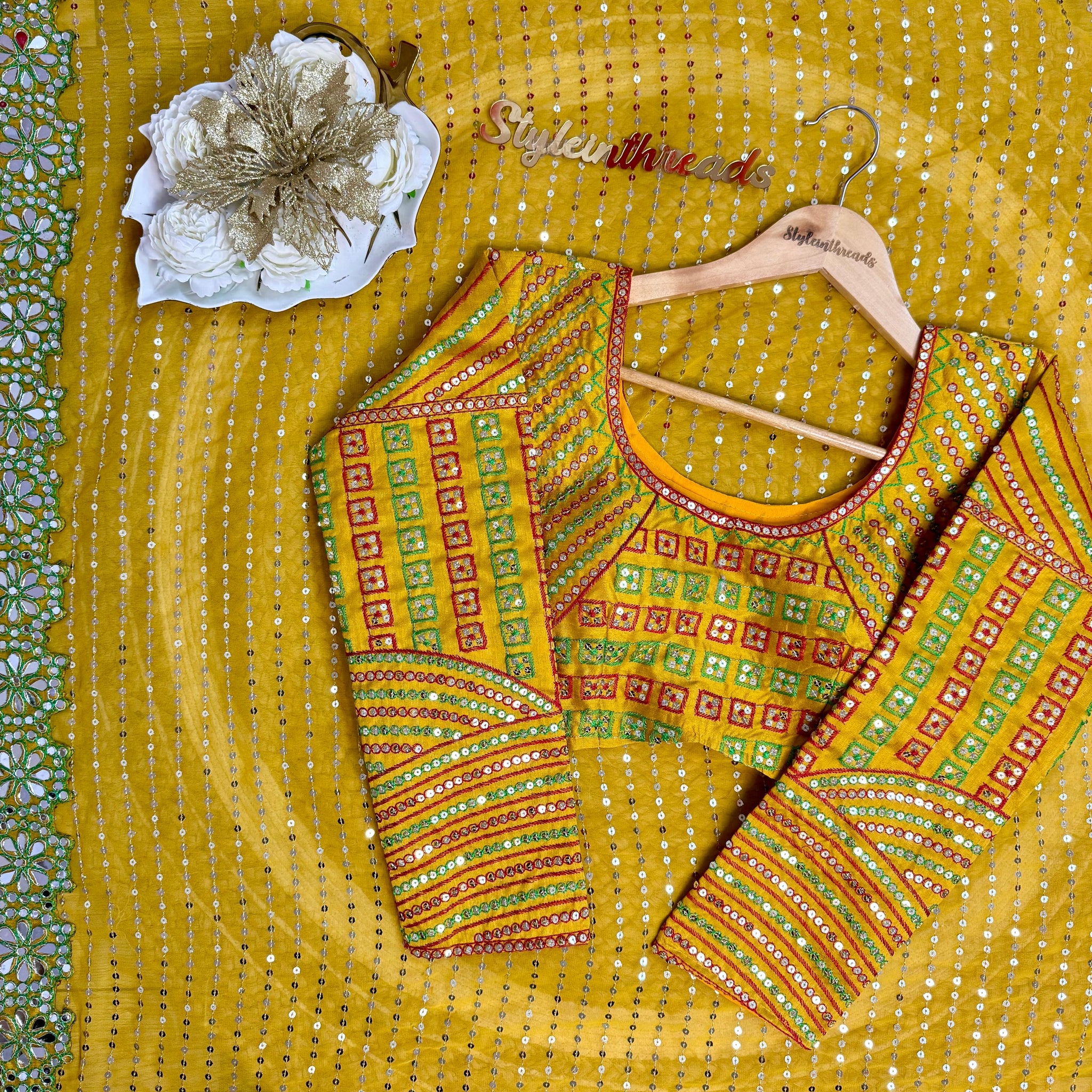 "Aaina" Mirror embedded saree with heavily embroidered fully  stitched blouse