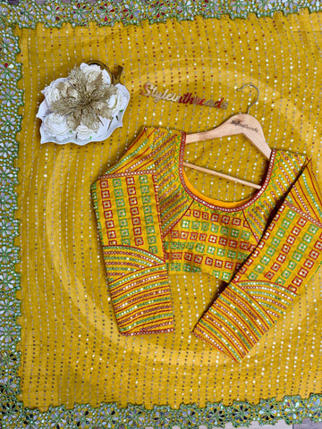 "Aaina" Mirror embedded saree with heavily embroidered fully  stitched blouse