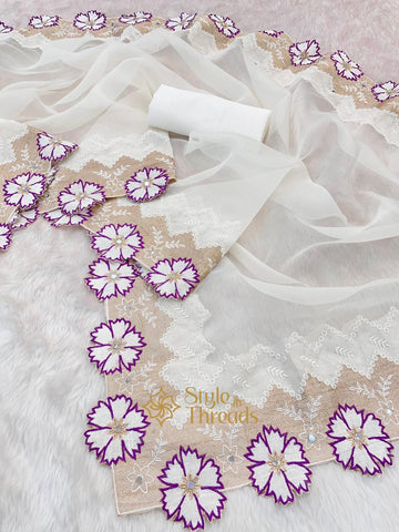 "Ivory white floral purple" Soft Organza Saree
