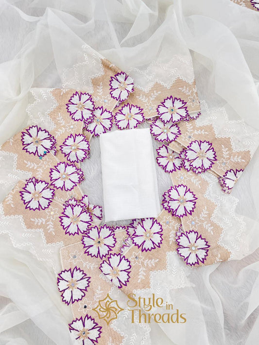 "Ivory white floral purple" Soft Organza Saree