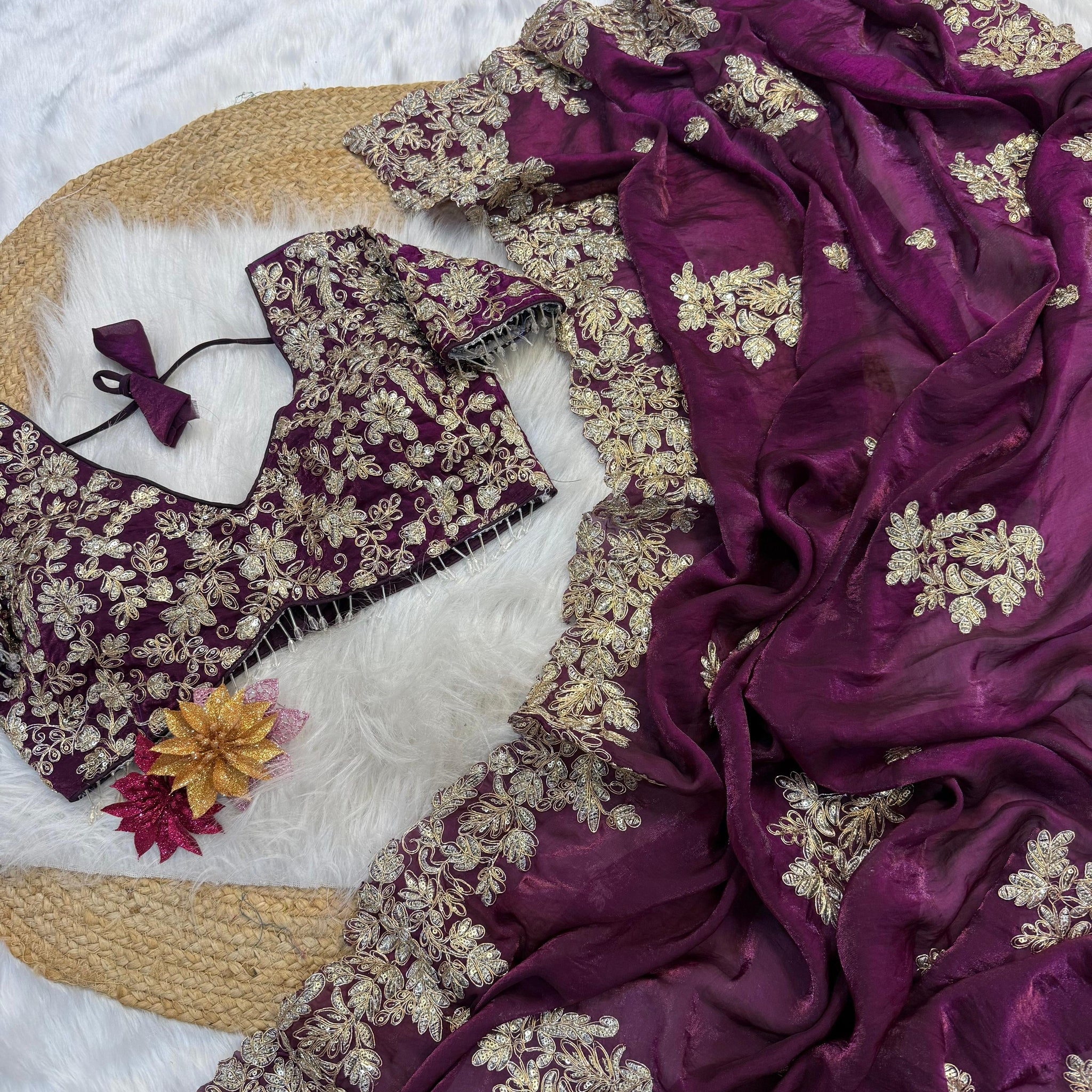 "Mihika" Soft Satin Saree with fully embroidered Stitched blouse