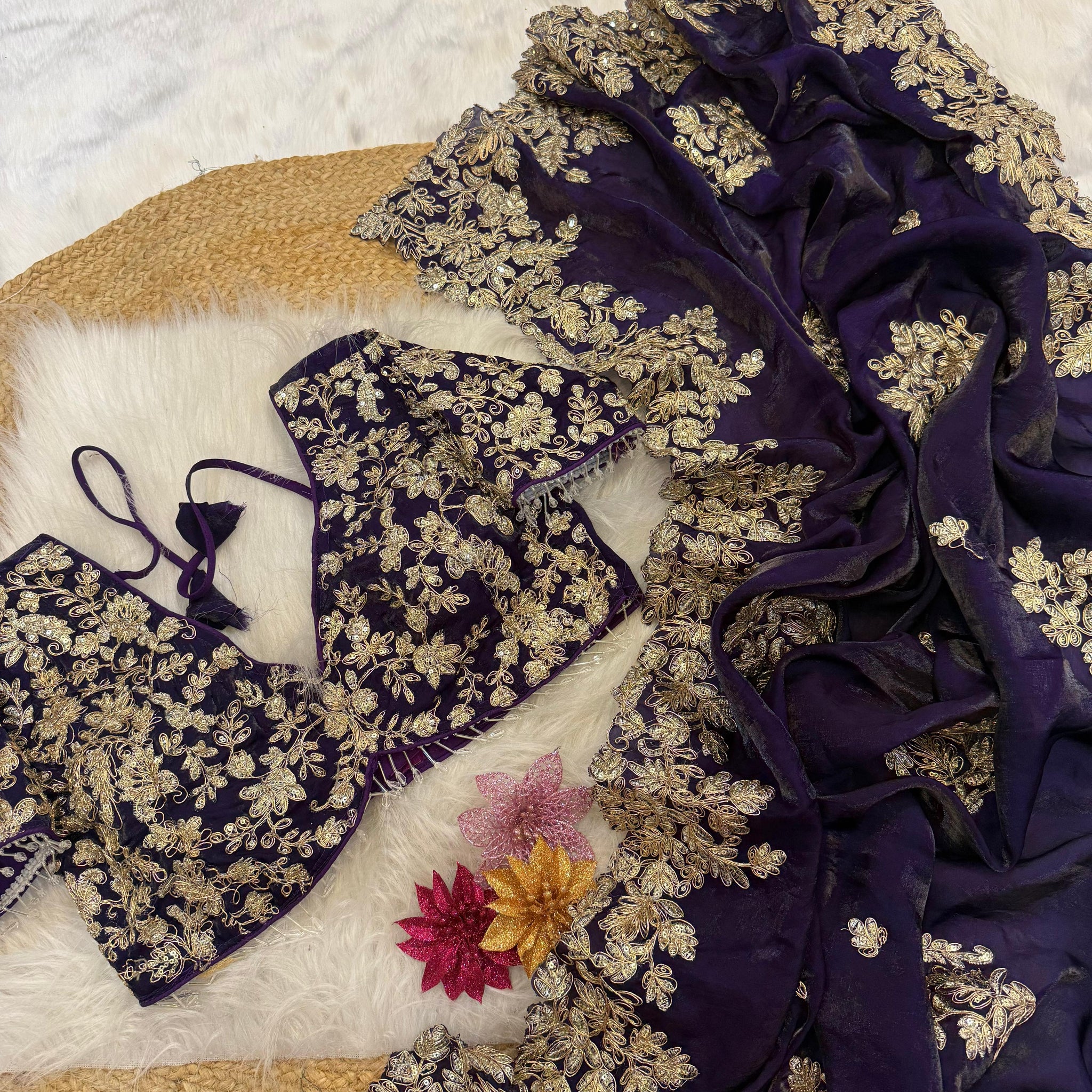 "Kyra" Soft Satin Saree with fully embroidered Stitched blouse
