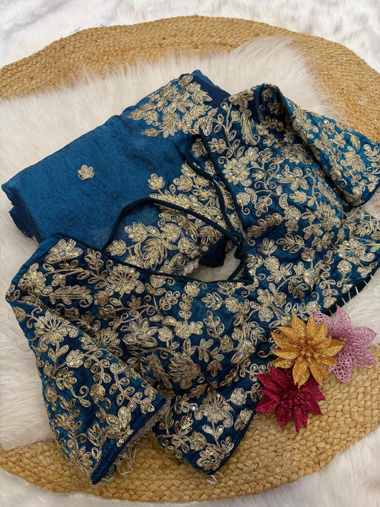 "Morani Teal" Soft Satin Saree with fully embroidered stitched blouse