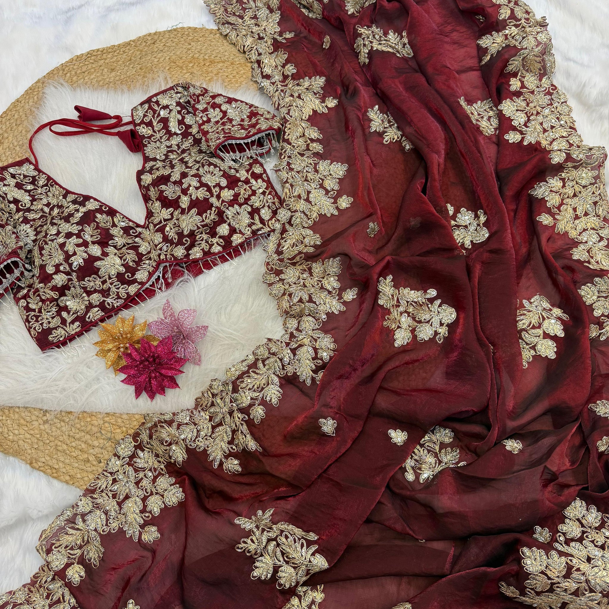 "Maahiya" Soft Satin Saree with fully embroidered Stitched blouse
