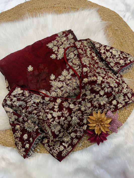 "Maahiya" Soft Satin Saree with fully embroidered Stitched blouse