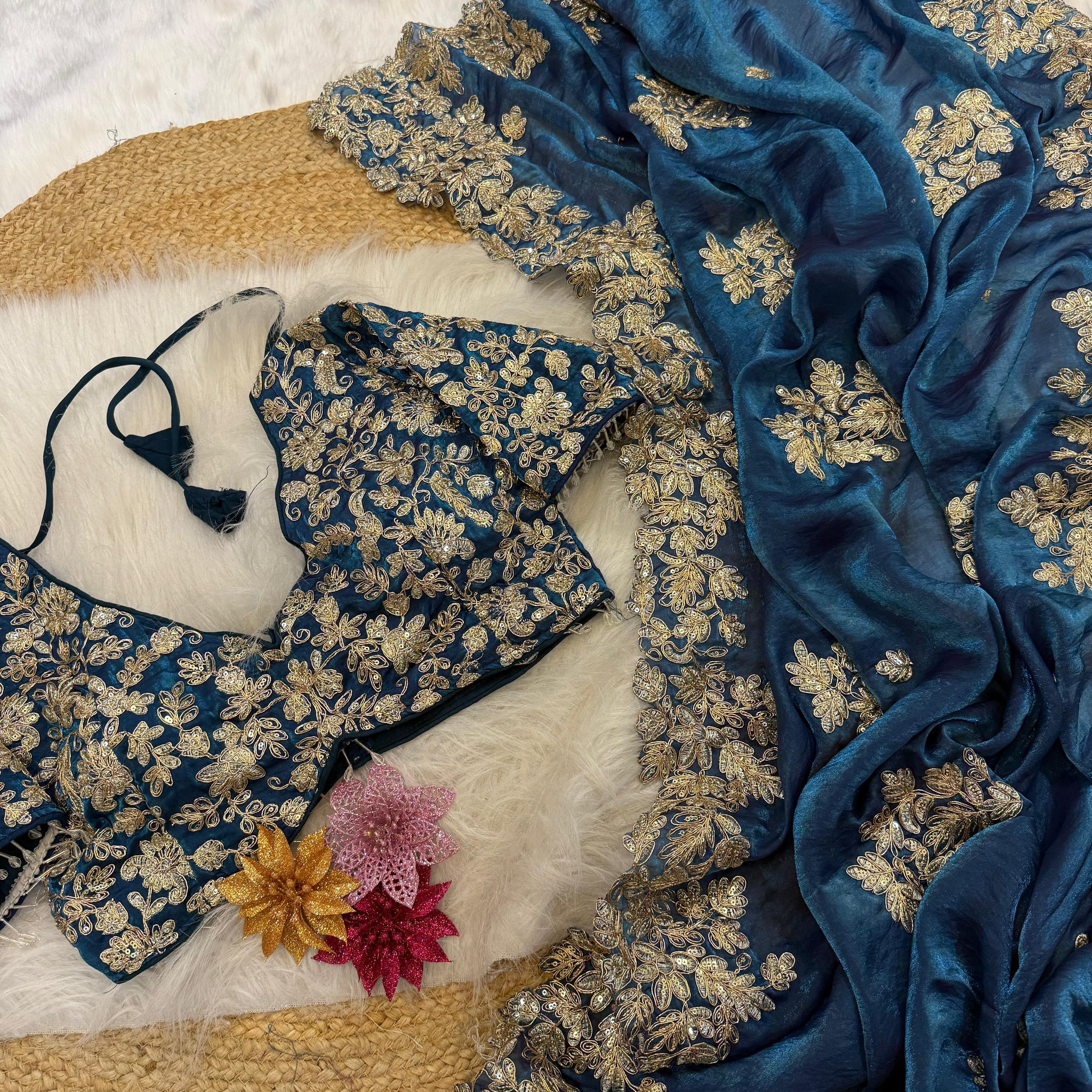 "Morani Teal" Soft Satin Saree with fully embroidered stitched blouse