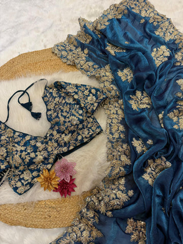 "Morani Teal" Soft Satin Saree with fully embroidered stitched blouse