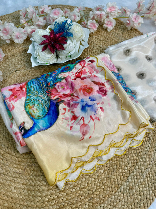"Cremè Gold Rajwadi Morani" luscious Pure Malai Silk Saree