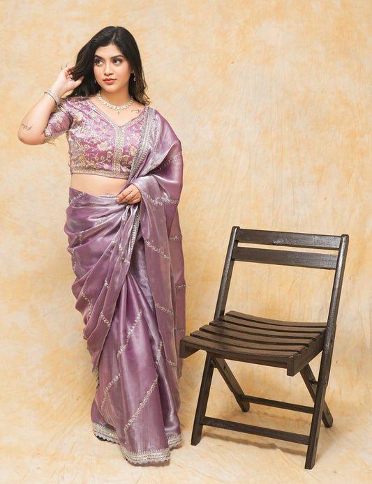 Lilac Mauve Soft Satin Organza Saree