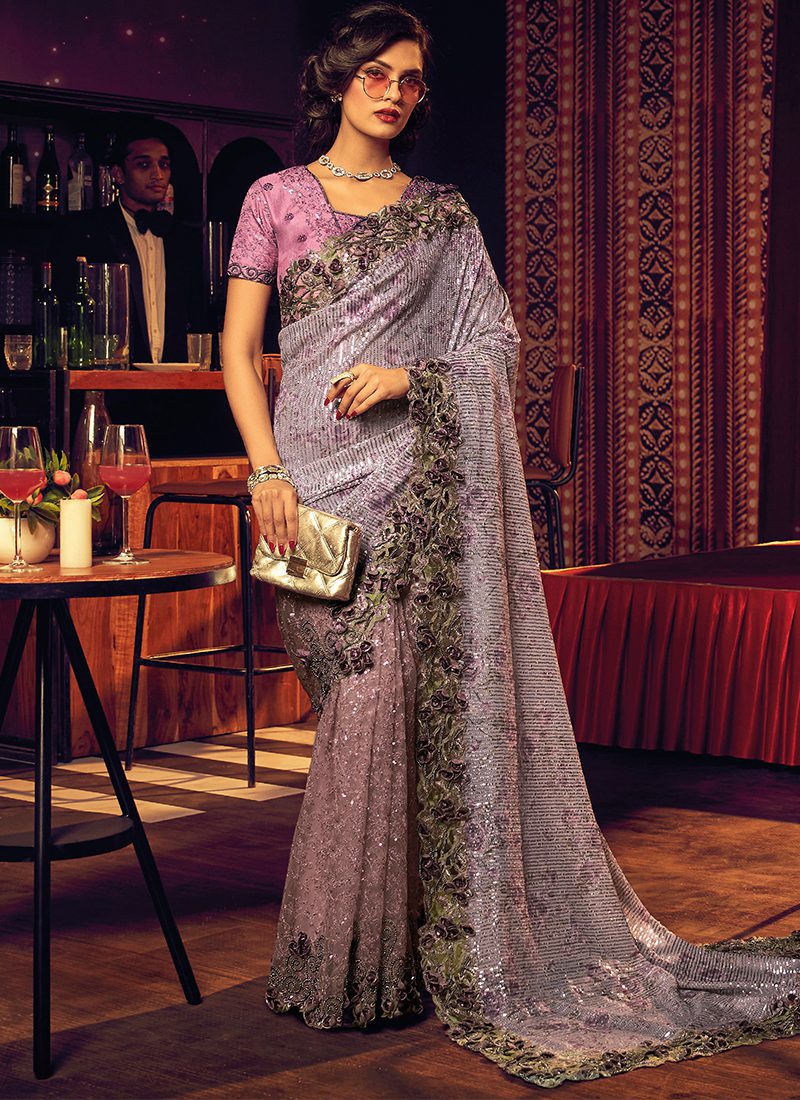Purple Net embellished  Saree
