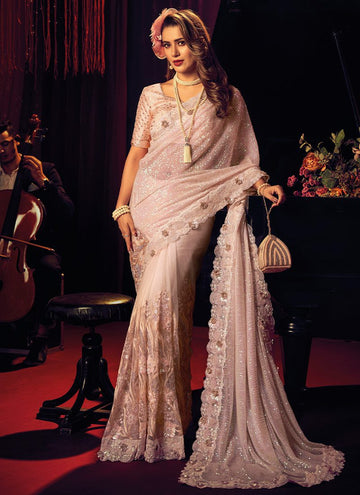 Pink Net Embellished  Saree