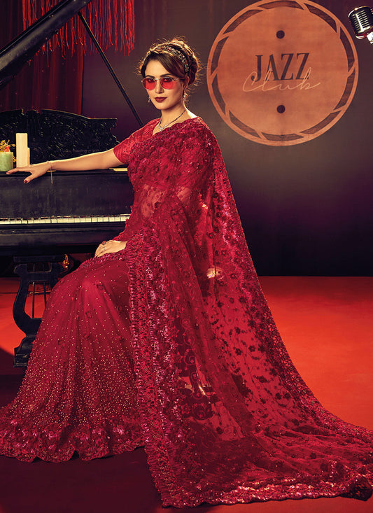 Red Net Embellished Saree