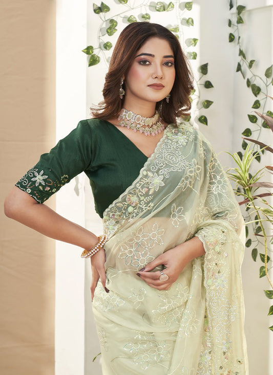 Beige Green Embroidered Saree