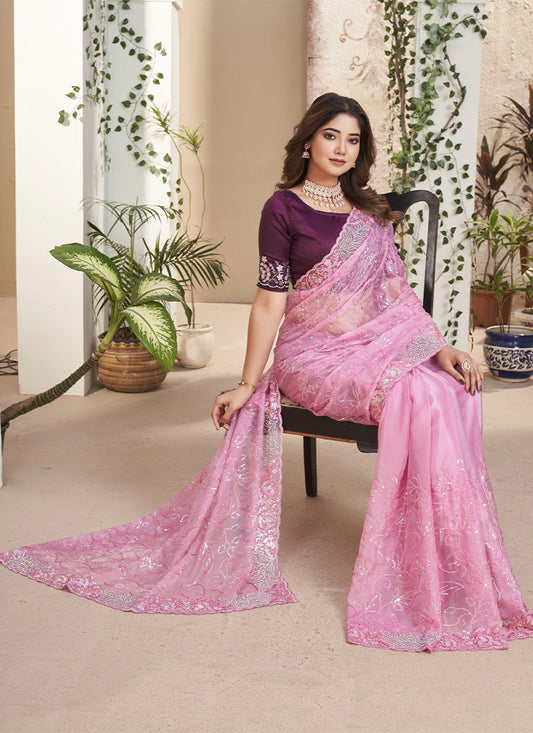 Pink Embroidered Saree