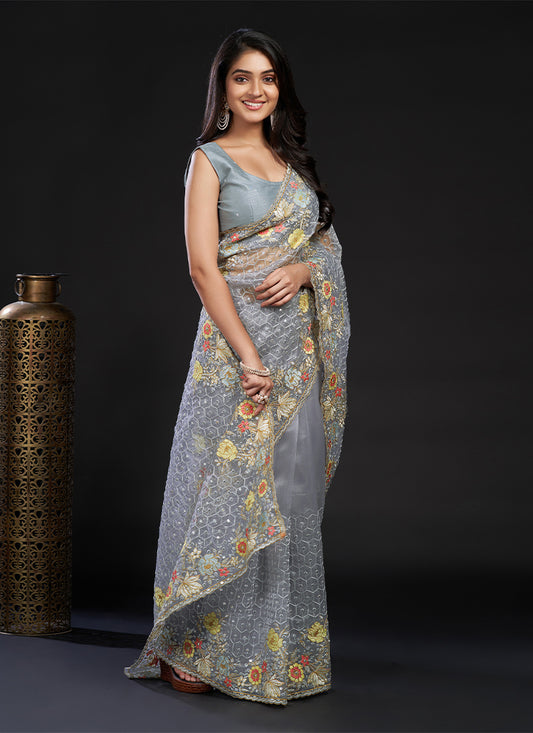 Silverish Grey Organza Saree