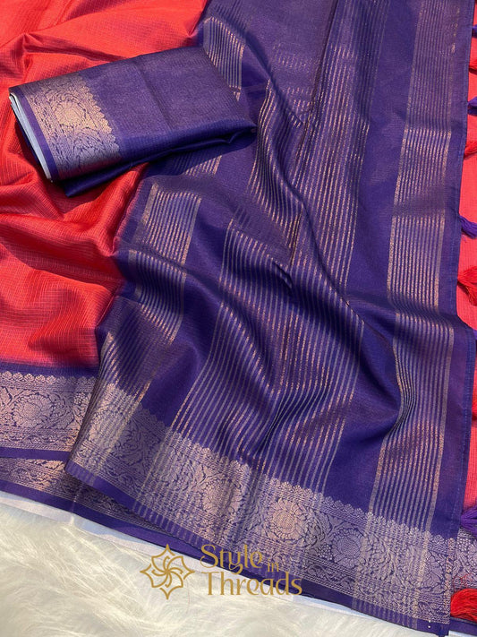 Classic Red contrast Kota Silk Handwoven Silk Saree